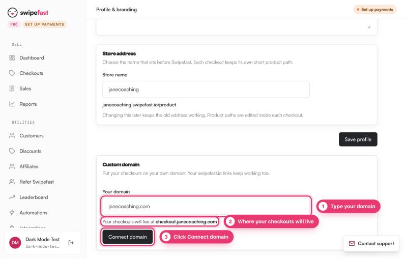 Profile and branding, Custom domain: marker 1 on the domain box with janecoaching.com typed in, marker 2 on the line Your checkouts will live at checkout.janecoaching.com, marker 3 on Connect domain