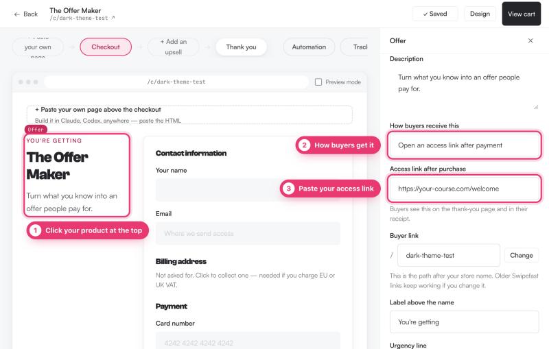 The checkout editor: marker 1 on the product block at the top of the checkout, marker 2 on How buyers receive this set to Open an access link after payment, marker 3 on the access link box