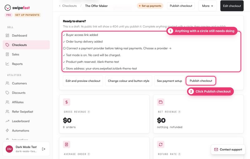 A checkout's overview page: marker 1 on the Ready to share? checklist, marker 2 on the Publish checkout button