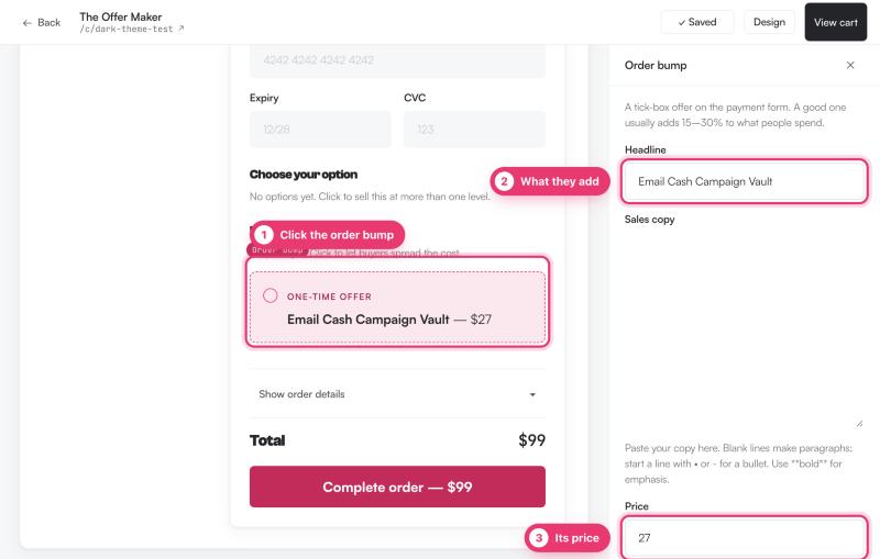 The checkout editor with an order bump for Email Cash Campaign Vault at $27: marker 1 on the bump in the checkout, marker 2 on its Headline, marker 3 on its Price