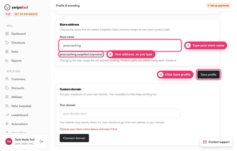 Profile and branding, Store address: marker 1 on the store name box with janecoaching typed in, marker 2 on the address preview janecoaching.swipefast.io/product, marker 3 on Save profile