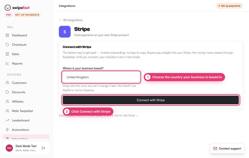 Swipefast Integrations, Stripe panel: marker 1 on the Where is your business based? country list, set to United Kingdom; marker 2 on the Connect with Stripe button