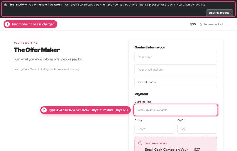 A checkout in test mode: marker 1 on the banner Test mode, no payment will be taken; marker 2 on the card number box, with the instruction to type 4242 4242 4242 4242, any future date and any CVC