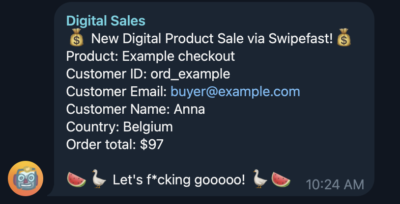 A Telegram message: New Digital Product Sale via Swipefast, with the product, email, first name, country and an order total of $97