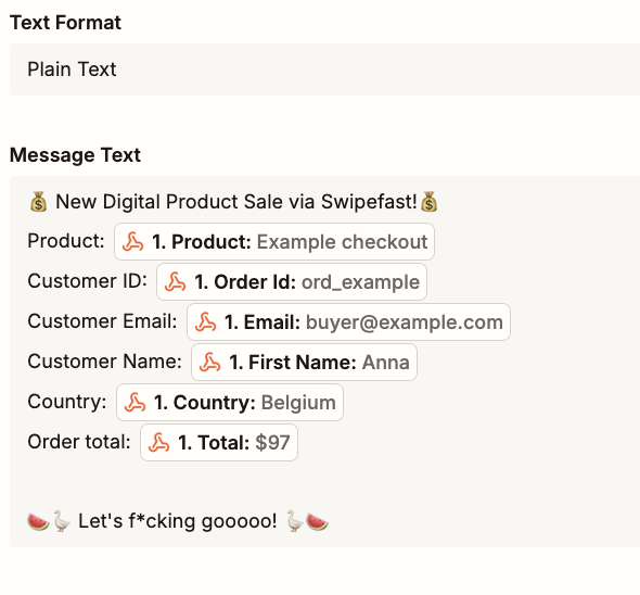 Zapier's Message Text box with Product, Order Id, Email, First Name, Country and Total fields inserted