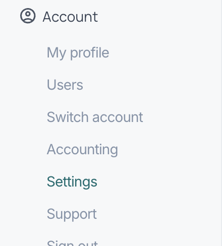 ThriveCart's Account menu, with Settings highlighted.