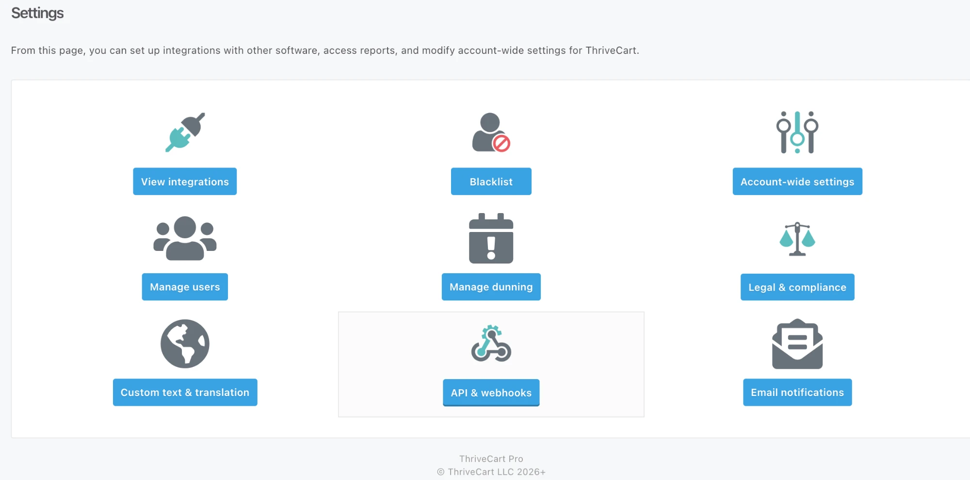 ThriveCart's Settings page, with the API & webhooks button highlighted.