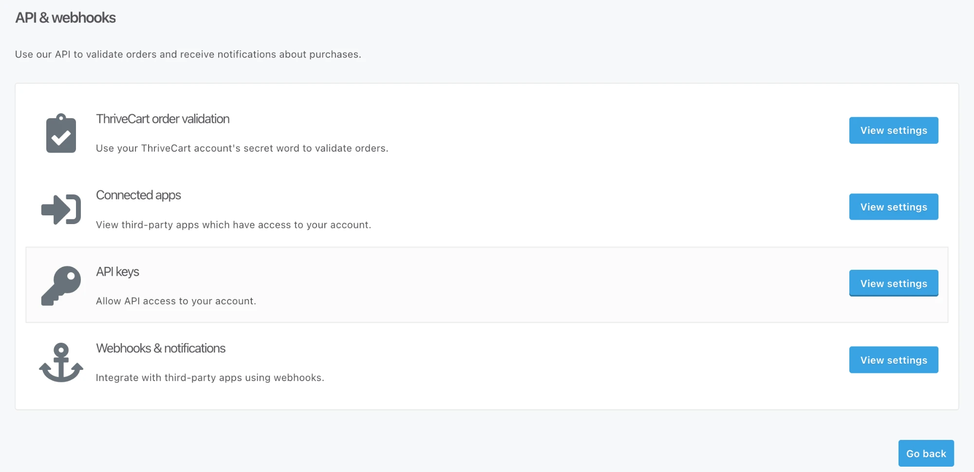 ThriveCart's API & webhooks page, with View settings next to API keys highlighted.