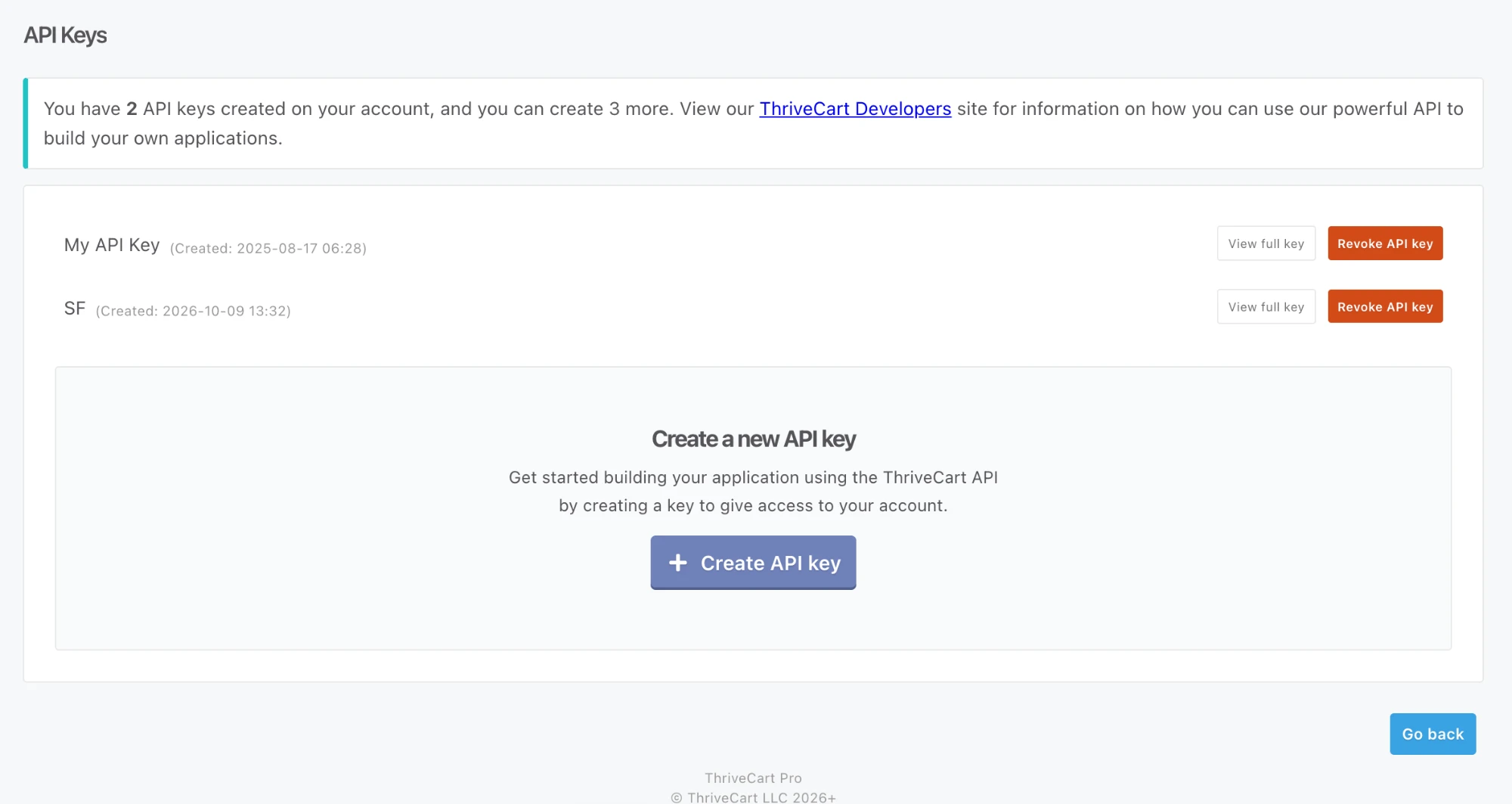 ThriveCart's API Keys page with the Create API key button, and View full key next to each key.
